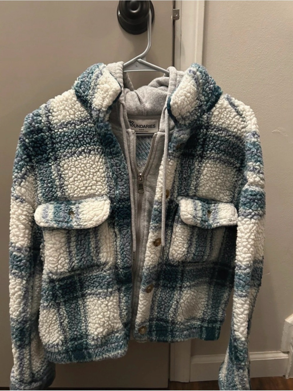 No Boundaries Blue & White Fleece Plaid Jacket